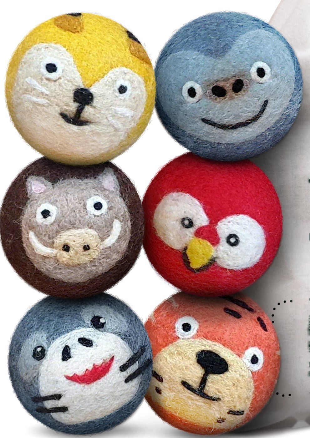 Gorilla & Friends: a set of six hand-felted wool dryer balls